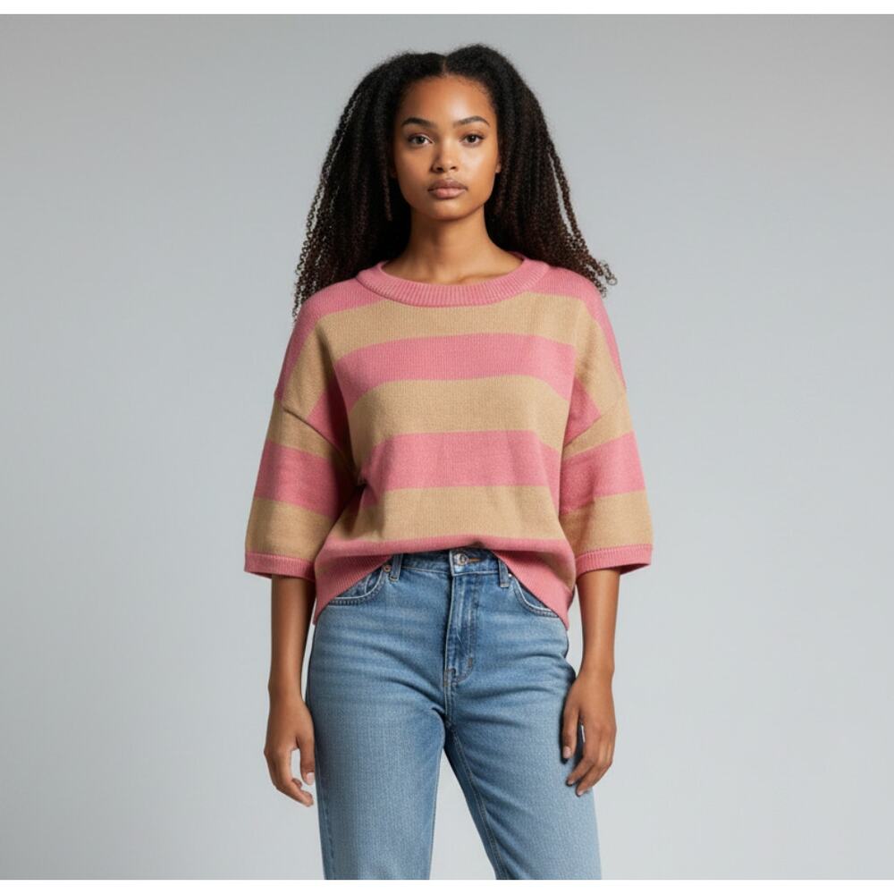 FLAT WHITE Orange and Pink Crew Neck Sweater